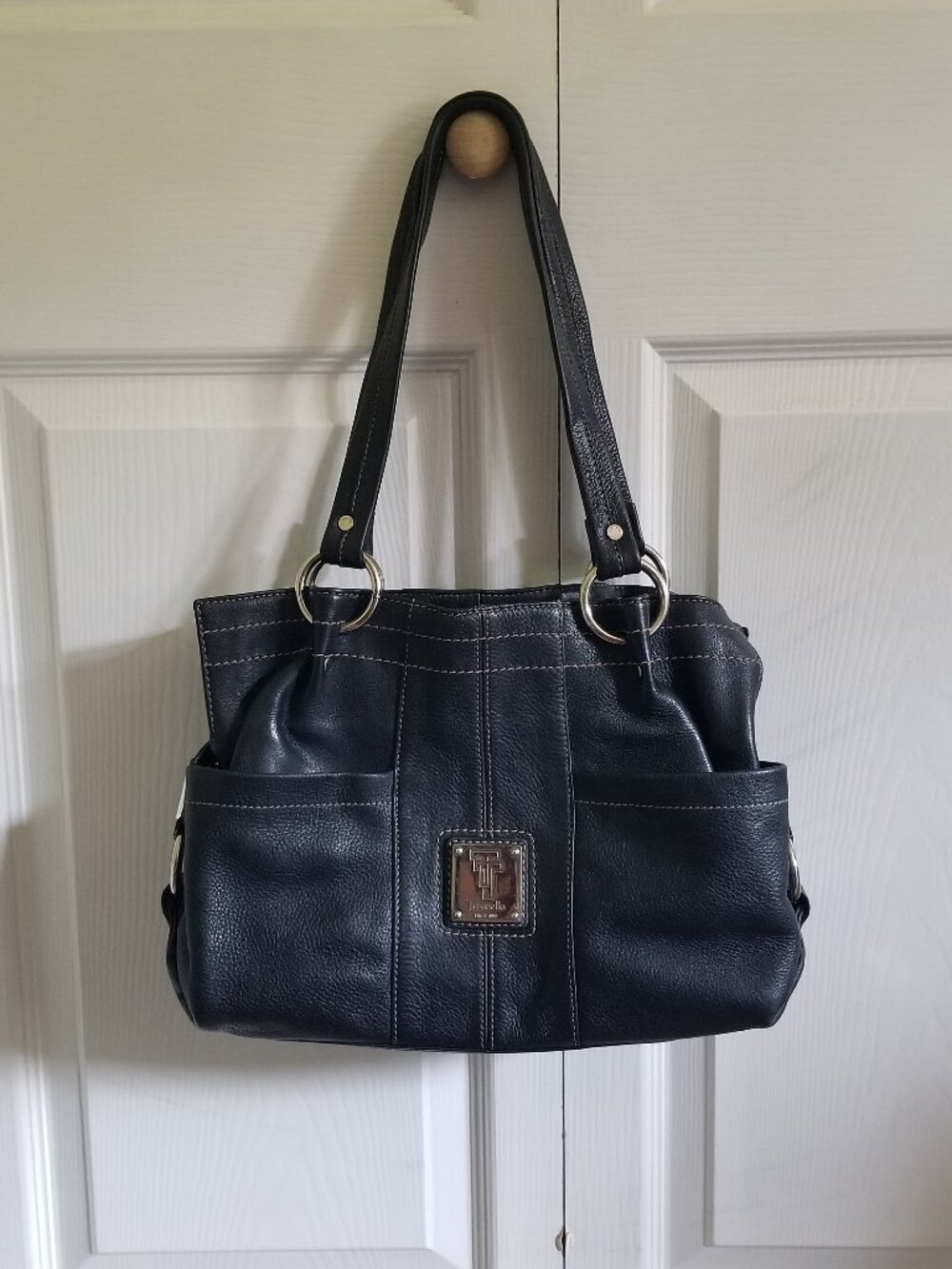 Tignanello Purse Black Silver Genuine Leather Handbag Shoulder Bag